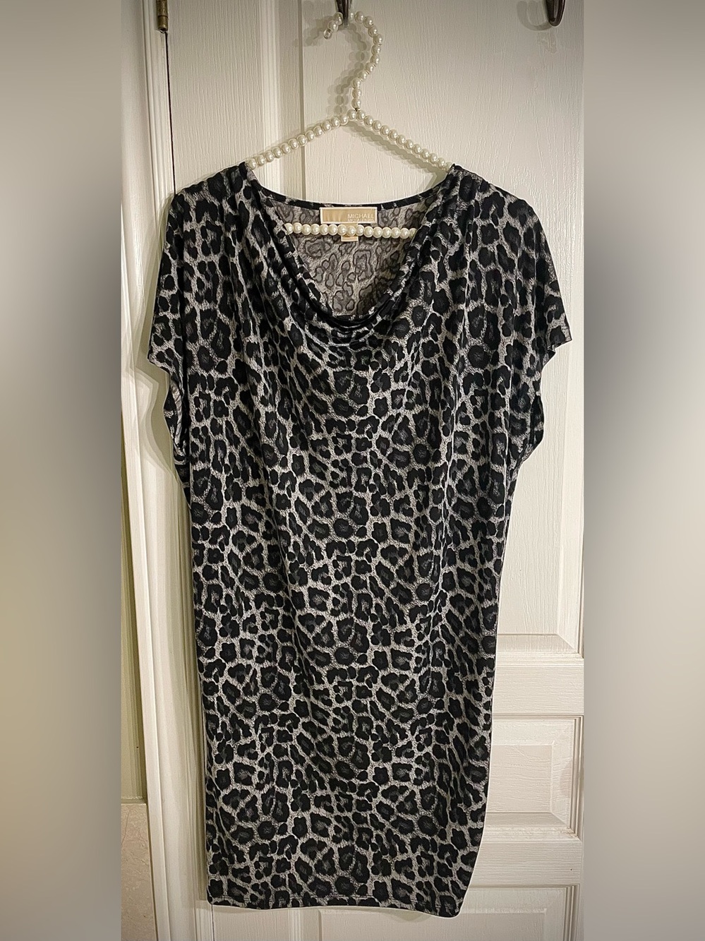 Michael by Michael Kors Black and Gray Leopard Print Cowl-Neck Dress